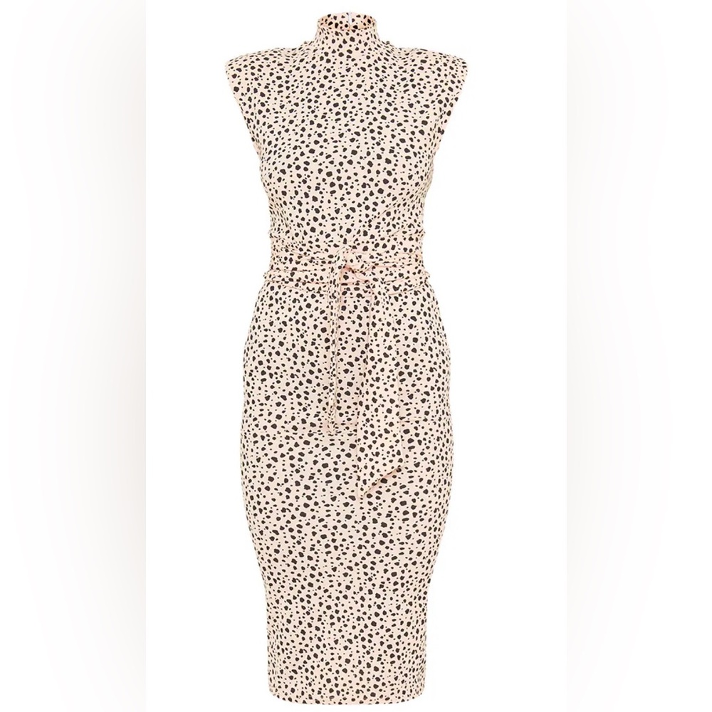 Nude Dalmatian Shoulder Pad Tie Waist MIDI Dress
